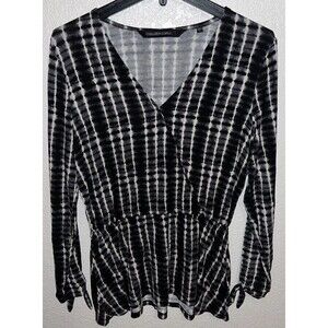 Colleen Lopez Striped Tie Dye Peplum Blouse Black White Stripe Women Size Small